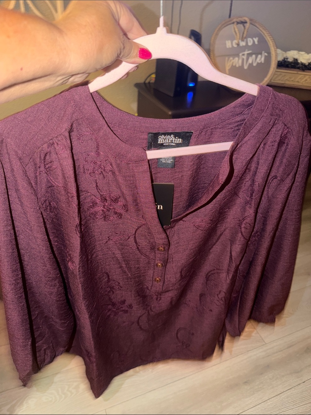 Women's Plum Embroidered Henley Top